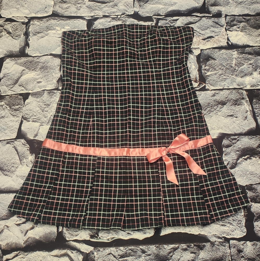 Hurley Strapless Black Plaid Dress with Pink Ribbon